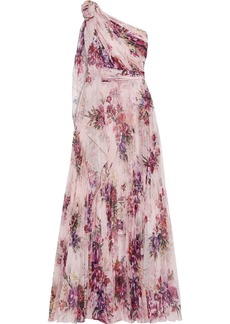 Marchesa Notte Woman One-shoulder Bow-embellished Pleated Floral-print Chiffon Gown Blush