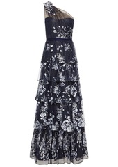 Marchesa Notte Woman One-shoulder Embellished Tiered Tulle Gown Navy