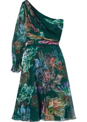 Marchesa Notte Woman One-shoulder Pleated Floral-print Chiffon Dress Forest Green