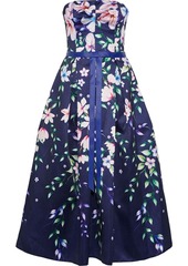Marchesa Notte Woman Strapless Bow-embellished Floral-print Satin-piqué Gown Indigo