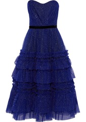 Marchesa Notte Woman Strapless Tiered Glittered Tulle Midi Dress Royal Blue