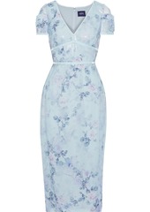 Marchesa Notte Woman Velvet-trimmed Sequined Floral-print Chiffon Midi Dress Sky Blue