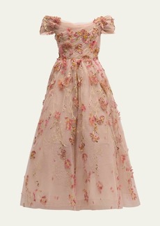 Marchesa Off-Shoulder Floral Applique Dress