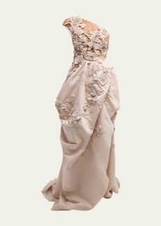 Marchesa One-Shoulder Illusion Gown with Exposed Hip Drape