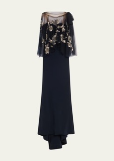 Marchesa Strapless Crepe Gown with Embellished Capelet