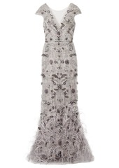 Marchesa Woman Feather-trimmed Embellished Tulle Gown Stone