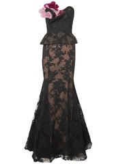 Marchesa Woman Strapless Appliquéd Corded Lace And Tulle Peplum Gown Black