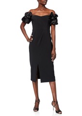 Marchesa Off-the-Shoulder Satin Puff-Sleeve Stretch Crepe Dress