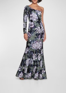 Marchesa One-Shoulder Floral-Embroidered Sequin Gown