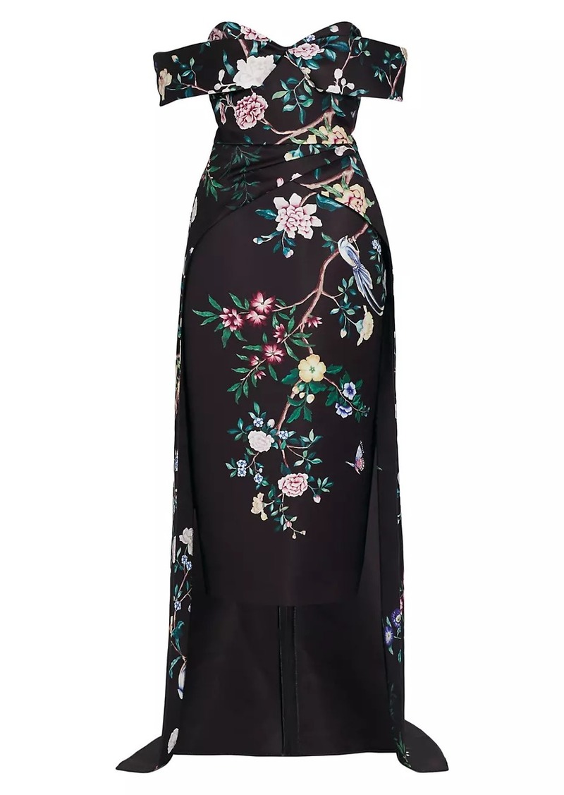 Marchesa Paradise-Print Duchesse Satin Gown