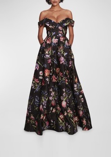 Marchesa Pleated Off-Shoulder Floral-Embroidered Gown