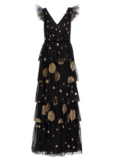 Marchesa Polka Dot Embellished Tiered Tulle Gown