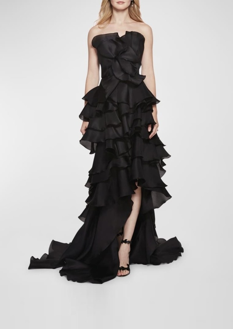 Marchesa Strapless Tiered Ruffle Petal Gown