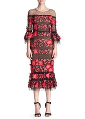 Marchesa Three-Quarter Sleeve Floral Embroidered Cocktail Dress