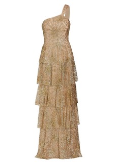 Marchesa Tiered Beaded One-Shoulder Gown