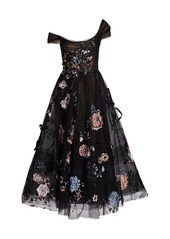 Marchesa Tulle Flower-Embellished Fit-&-Flare Gown