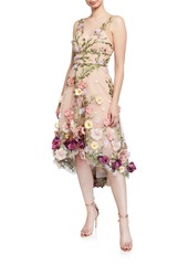 Marchesa V-Neck Embroidered High-Low Dress w/ 3D Flowers