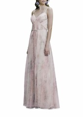 Marchesa Watercolor-Print Tulle Double-Strap Cami Gown