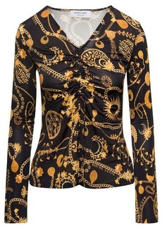 Marine Serre Black Blouse with All-Over Graphic Print and Gathering Detail in Stretch Viscose Woman