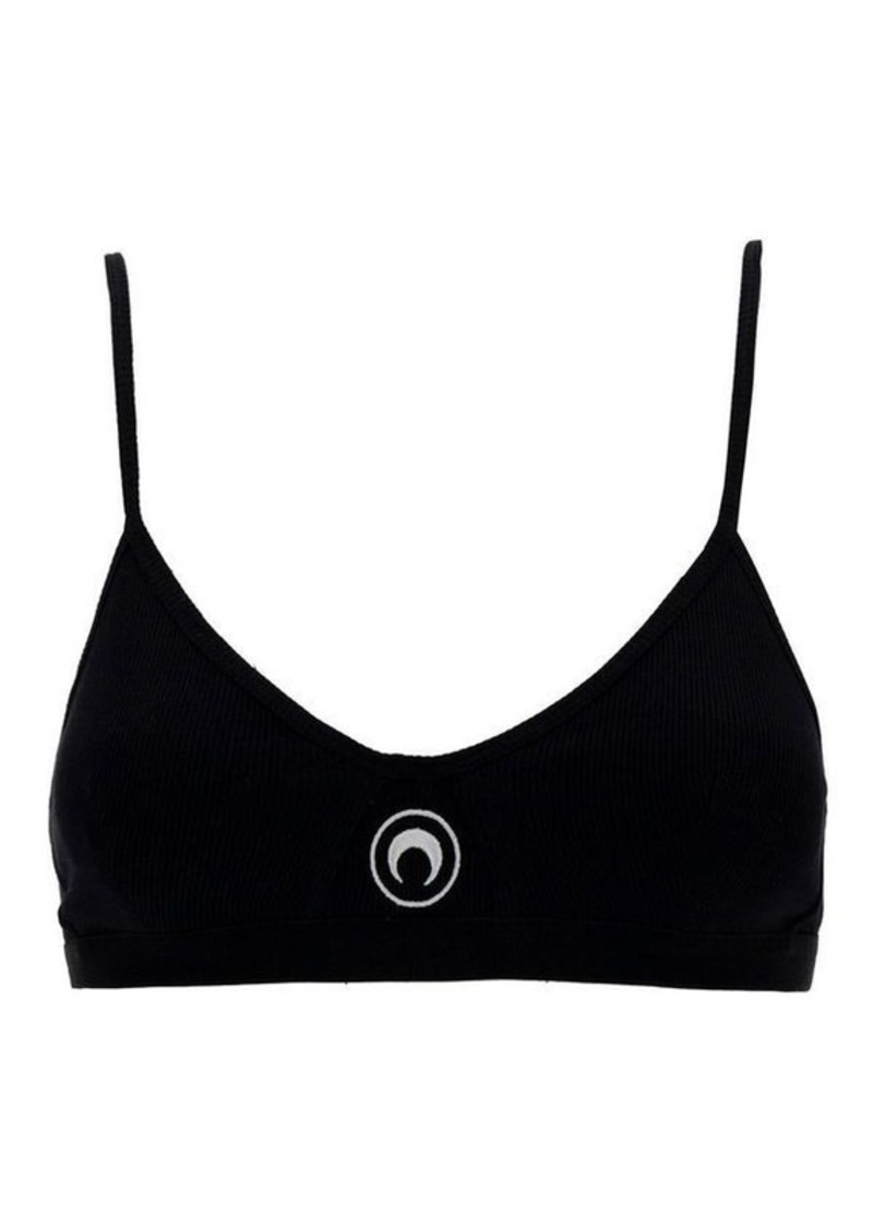 Marine Serre Black Bra with Contrasting Logo Detail in Ribbed Cotton Woman