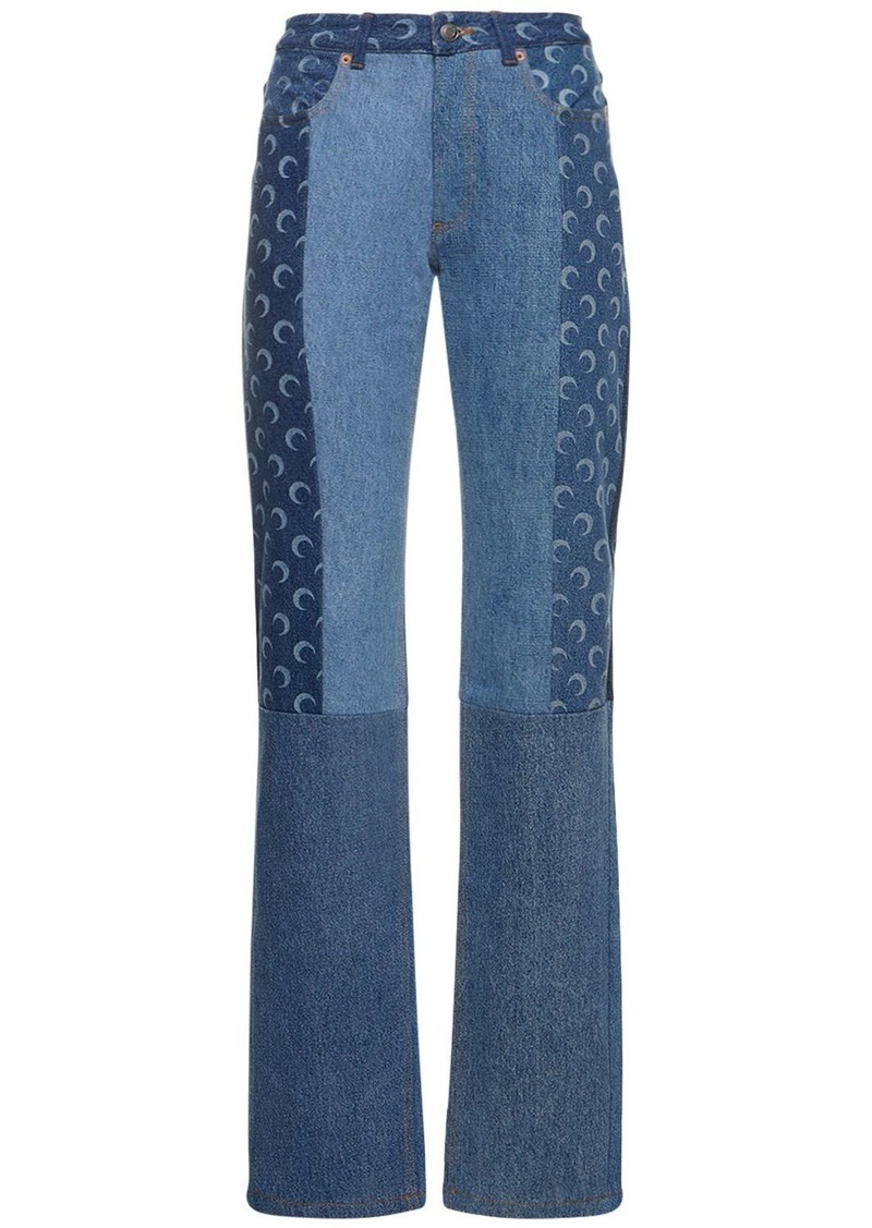 Marine Serre Moon Print Patchwork Wide Denim Jeans