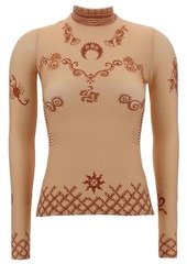 Marine Serre 'Second Skin' Beige Long Sleeve Top with Graphic Print in Stretch Polyamide Woman