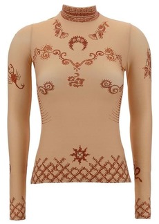 Marine Serre 'Second Skin' Beige Long Sleeve Top with Graphic Print in Stretch Polyamide Woman