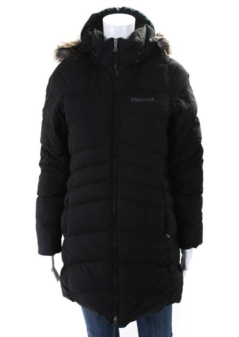 Marmot Womens Double Zip Faux Fur Hood Trim Down Puffer Coat Black