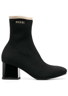 Marni Black Ankle Boot in Leather with Medium and Wide Heel Ecru-colored details