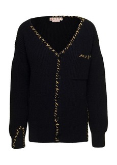Black V Neck Cardigan with Raw-Edge Detailing in Wool Woman Marni