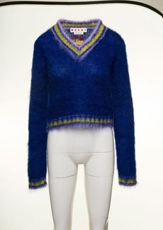 Marni Blue Cropped College Style Sweater with Striped Detail in Mohair Woman