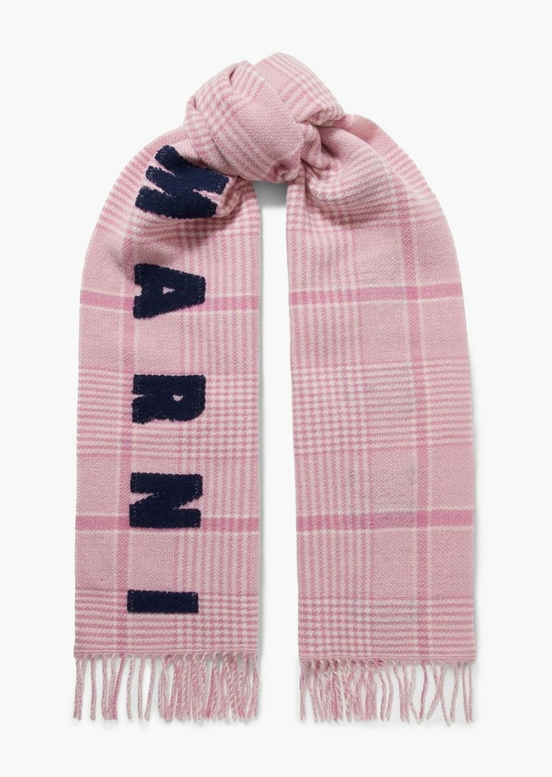 Marni - Fringed embroidered Prince of Wales checked wool scarf - Pink - OneSize