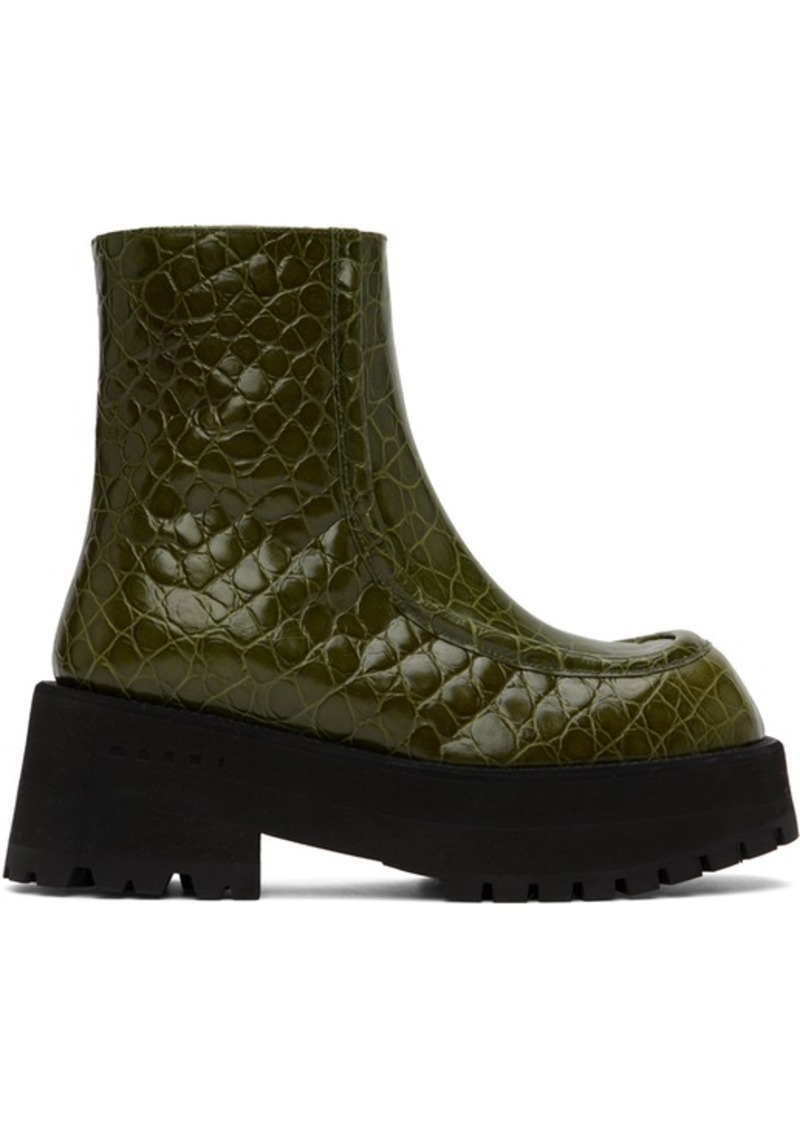 Marni Green Croc-Embossed Platform Ankle Boots