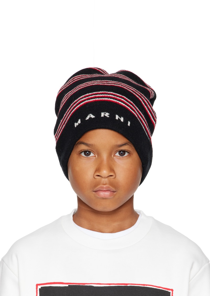 Marni Kids Black Knit Wool Mix Stripes Beanie