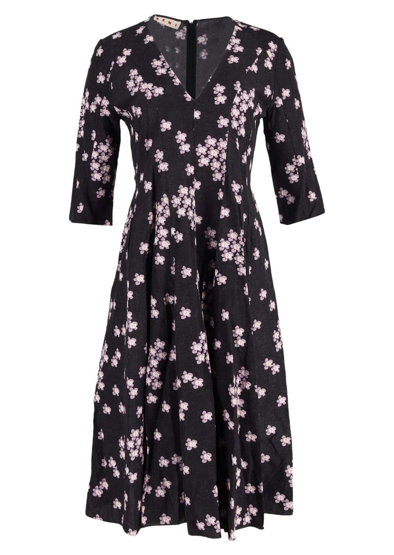 Marni Midi Floral Print V-Neck Dress in Black Jacquard