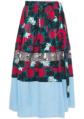 Marni Woman Poplin-paneled Printed Cotton And Linen-blend Midi Skirt Teal