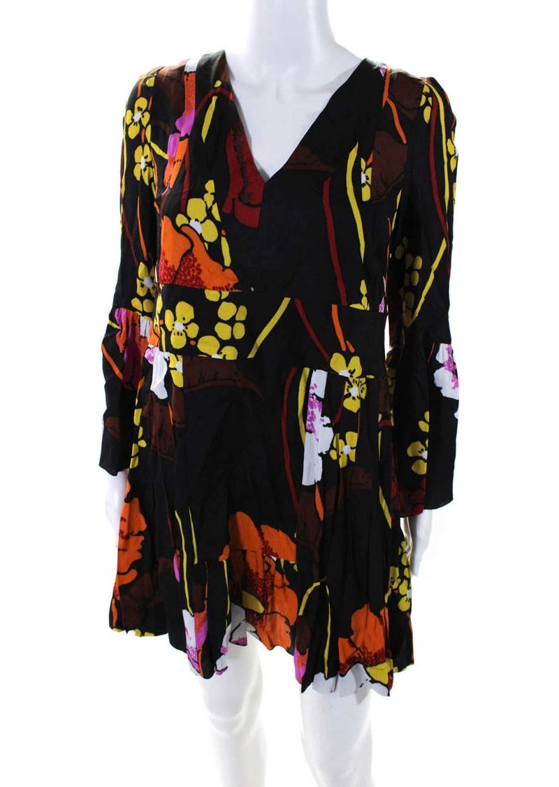 Marni Womens Floral Print Pleated V-Neck Long Sleeve Dress Black