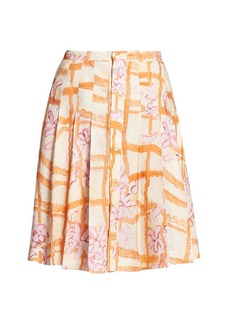 Marni Painted Floral & Windowpane Pleated Midi-Skirt