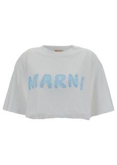 Marni White Cropped T-Shirt with Logo Print in Cotton Woman