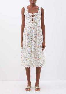 Marysia - Square-neck Shell-print Cotton Midi Dress - Womens - Ivory Multi