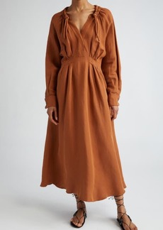 Max Mara Drina Pleated Waist Long Sleeve Linen & Silk Dress