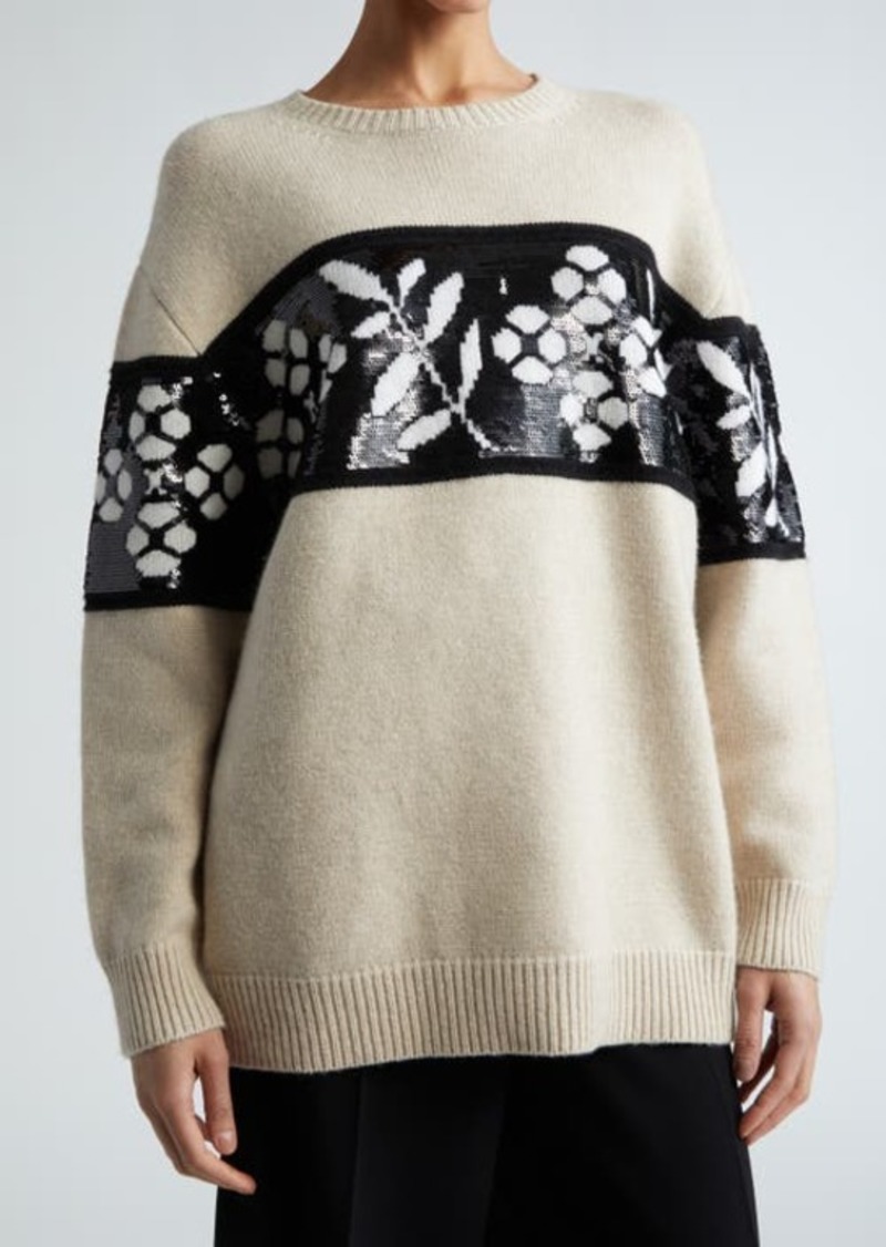 Max Mara Floral Jacquard Oversize Wool & Cashmere Crewneck Sweater
