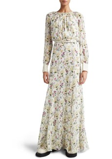 Max Mara Ori Floral Print Long Sleeve Silk Organza Dress