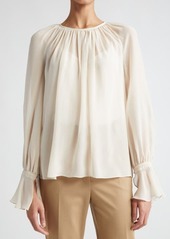 Max Mara Studio Yelina Semisheer Bell Sleeve Bow Back Silk Georgette Top