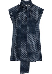 Max Mara Woman Gambo Tie-neck Printed Silk-twill Top Midnight Blue