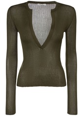 Max Mara Saggina Ribbed Silk V Neck L/s Top