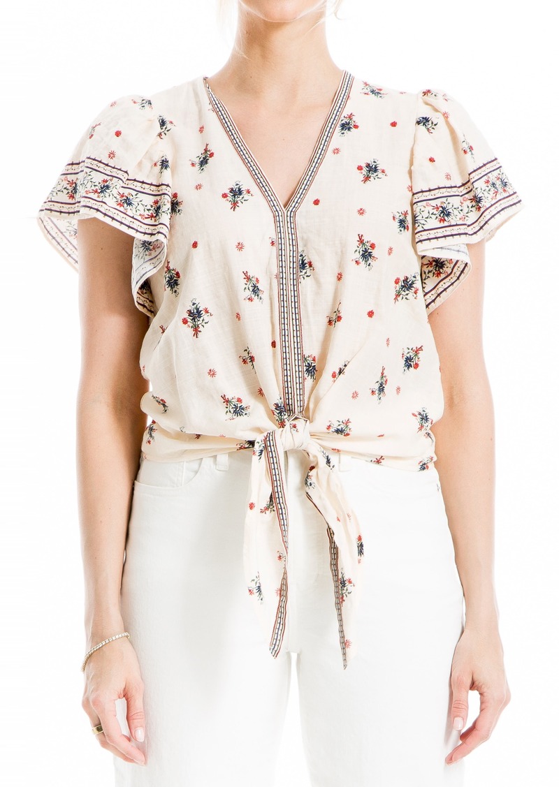 MAX STUDIO Floral Flutter Sleeve Tie Front Top in Ivory Open Bow Bouquet at Nordstrom Rack