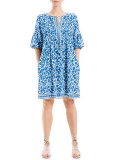 MAX STUDIO Floral Puff Sleeve Shift Dress in Blue/Cream/Blk Md Grphc Flrl at Nordstrom Rack