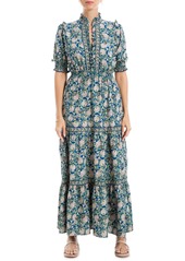 MAX STUDIO Floral Short Sleeve Tiered Maxi Dress in Navy/Cream at Nordstrom Rack