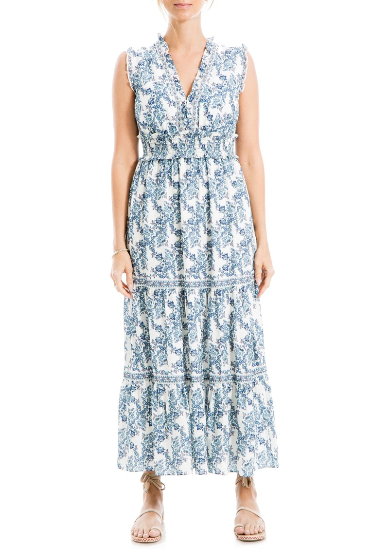 MAX STUDIO Floral Sleeveless Tiered Maxi Dress in Cream/Blue Smlr Mgnl Wve at Nordstrom Rack